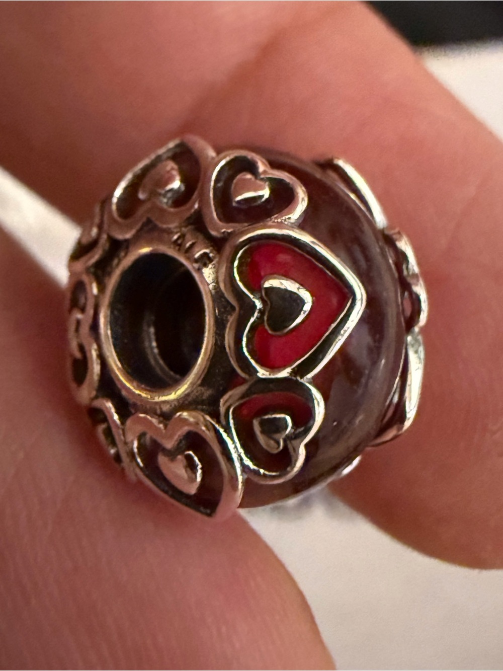 Pandora Silver Charm Bead with Red Heart Enamel